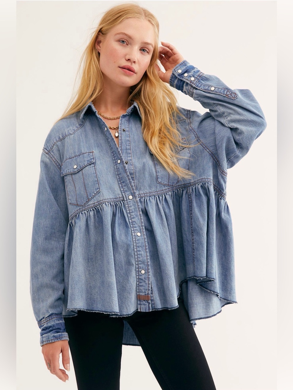 We The Free Dylan Babydoll Top in Light Blue Chambray